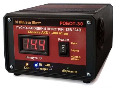 Пуско-зарядне ЗУ РОБОТ-30 для акумуляторів 12/24V (1-400Ah) (MF, WET, AGM, GEL, CA/CA), 160-245V, Струм заряду 20А, крокодили в комплекті MW-ROBOT-30(12/24) фото