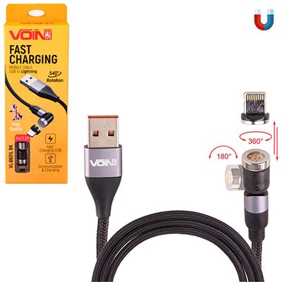 Кабель магнітний шарнірний VOIN USB - Lightning 3А, 1m, black (швидка зарядка / передача даних) (VL- VL-6601L BK фото