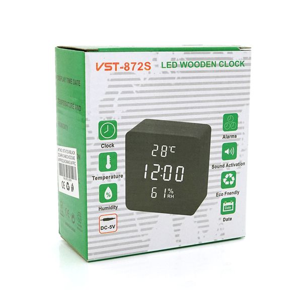 Електронний годинник VST-872S Wooden (Black), з датчиком температури та вологості, будильник, живлення від кабелю USB, White Light VST-872SB/W фото