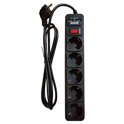 Мережевий фільтр подовжувач Axxis з USB2 Optima Base 5 1,8 м 3х0,75 кв. м Black (ax-1266) ax-1266 фото товару