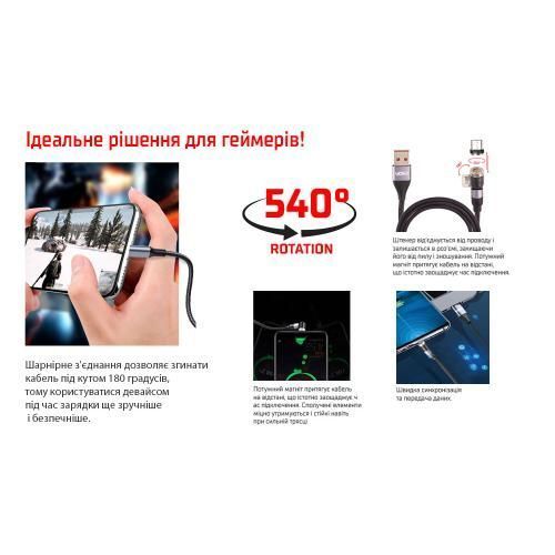 Кабель магнітний шарнірний VOIN USB - Micro USB 3А, 2m, black (швидка зарядка / передача даних) (VC- VC-6602M BK фото товару