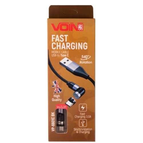 Кабель магнітний шарнірний VOIN USB - Type C 3А, 1m, black (швидка зарядка/передача даних) (VP-6601C VP-6601C BK фото товару