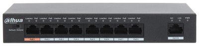 Комутатор POE Dahua DH-PFS3009-8ET-96 48V з 8 портами POE 100Мбит + 1 порт Ethernet (UP-Link) 100Мбит, корпус - метал, Black, БП в комплекті + кабель живлення PFS3009-8ET-96 фото