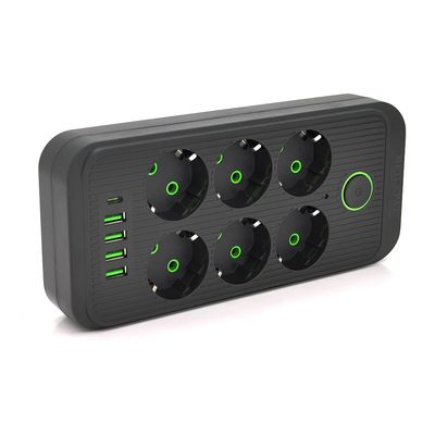 Мережевий фільтр F06U, 6 розеток EU + 4 USB+1PD, кнопка включення з індикатором, 2 м, 3х0, 75мм, 2500W, Black, Box F06U-Black фото