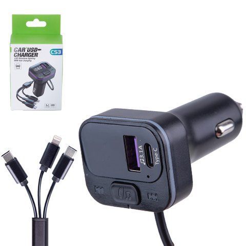 Модулятор FM 5в1 CS3 12-24v USB 5V-3.1A Type C 5V-3.1A 3in1 charging cable BT5.0 RGB-ambient light ( C53 фото товару