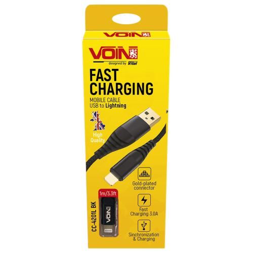 Кабель VOIN CC-4201L BK USB - Lightning 3А, 1m, black (швидка зарядка/передача даних) (CC-4201L BK) CC-4201L BK фото