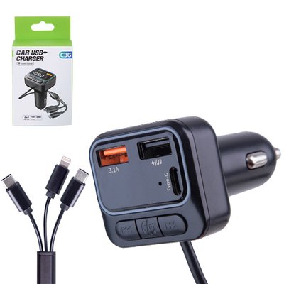 Модулятор FM 5в1 C36 12-24v 2USB 5V-3.1A Type C 5V-3.1A 3in1 charging cable BT5.0 RGB-ambient light C36 фото