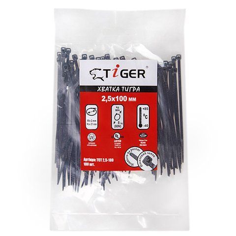 Хомут пластиковый Tiger ТСТ W2.5 х 100 100шт/уп черный (ТСТ W2.5 х 100) ТСТ W2.5 х 100 фото товара