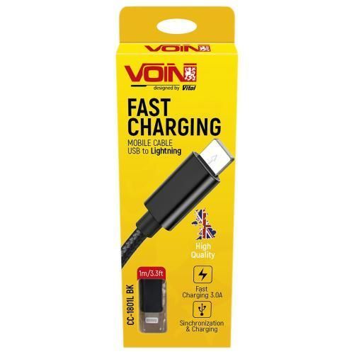 Кабель VOIN CC-1802L BK USB - Lightning 3А, 2m, black (швидка зарядка/передача даних) (CC-1802L BK) CC-1802L BK фото товару