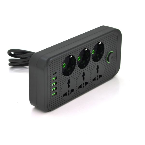 Мережевий фільтр F07U, 6 розеток (3 EU+3 Universal) + 4 USB + 1PD, кнопка включення з індикатором, 2 м, 3х0,75 мм, 2500W, Black, Box F07U-Black фото