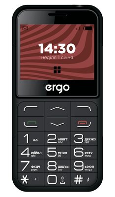 Мобильный телефон Ergo R231 Dual Sim Black; 2.31" (320х240) TFT / кнопковий моноблок / Mediatek MT6261D / ОЗУ 32 МБ / 32 МБ вбудованої + microSD до 32 ГБ / без камери / 2G (EDGE) / Bluetooth / 114.5x59x14.5 мм, 110 г / 15000 мАг / чорний R231 Black фото