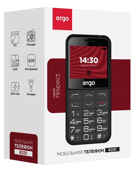 Мобильный телефон Ergo R231 Dual Sim Black; 2.31" (320х240) TFT / кнопковий моноблок / Mediatek MT6261D / ОЗУ 32 МБ / 32 МБ вбудованої + microSD до 32 ГБ / без камери / 2G (EDGE) / Bluetooth / 114.5x59x14.5 мм, 110 г / 15000 мАг / чорний R231 Black фото