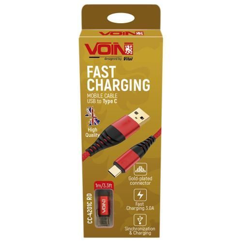 Кабель VOIN CC-4201C RD USB - Type C 3А, 1m, red (швидка зарядка/передача даних) (CC-4201C RD) CC-4201C RD фото товару