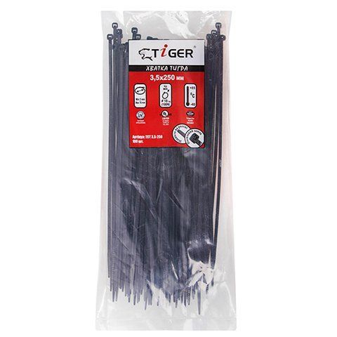 Хомут пластиковый Tiger ТСТ W3.5 х 250 100шт/уп черный (ТСТ W3.5 х 250) ТСТ W3.5 х 250 фото товара