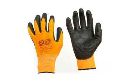 Перчатки с ПУ покрытием р10 (оранжевый + черный манжет) СИЛА 481222 фото