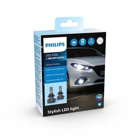 Комплект світлодіодних автоламп H8/H11/H16 LED 12/24V 20W 6000K PGJ19-1/2/3 / ULTINON PRO3022 / ХОЛОДНЕ БІЛЕ СВІТЛО / АКТИВНЕ ОХОЛОДЖЕННЯ / 2ШТ. 11366U3022X2 фото товару