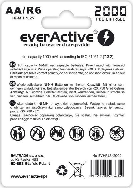 Акумулятор everActive AA/HR06 Ni-MH 2000mAh BL 4шт EVHRL6-2000 фото