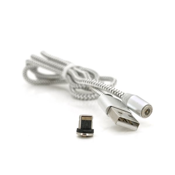 Магнітний кабель PiPo USB 2.0 /Lighting, 1m, 2А, тканинна оплетка, броньований, знімач, Silver, BOX 18168 фото