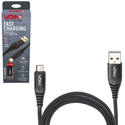 Кабель VOIN CC-4202M BK USB - Micro USB 3А, 2m, black (швидка зарядка/передача даних) (CC-4202M BK) CC-4202M BK фото