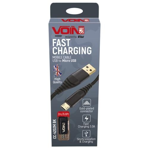 Кабель VOIN CC-4202M BK USB - Micro USB 3А, 2m, black (быстрая зарядка/передача данных) (CC-4202M B CC-4202M BK фото