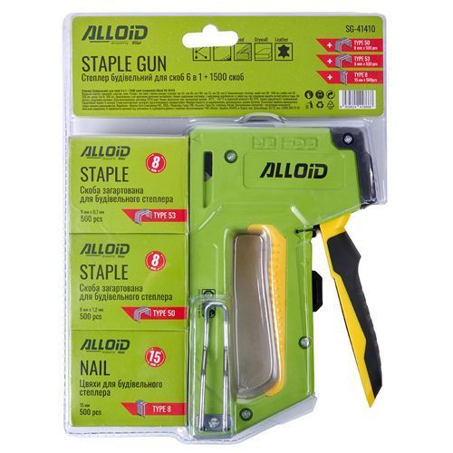 Alloid Pro. Степлер будівельний для скоб 6 в 1 + 1500 скоб (алюміній) SG-41410 фото товару