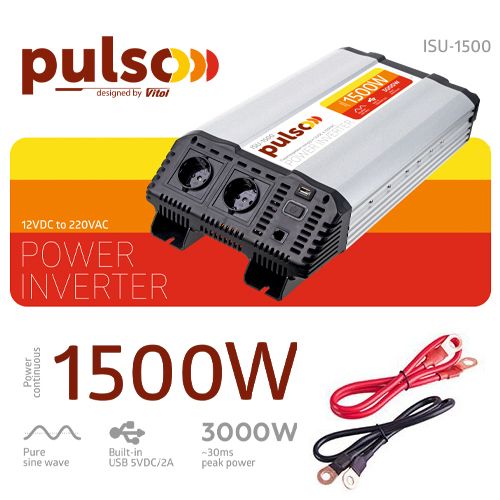Перетворювач напруги PULSO/ISU-1500/12V-220V/1500W/USB-5VDC2.0A/син.хвиля/клеми (ISU-1500) ISU-1500 фото