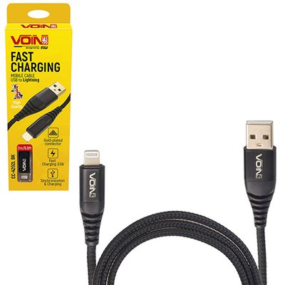 Кабель VOIN CC-4202L BK USB - Lightning 3А, 2m, black (быстрая зарядка/передача данных) (CC-4202L B CC-4202L BK фото