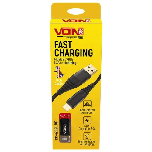 Кабель VOIN CC-4202L BK USB - Lightning 3А, 2m, black (швидка зарядка/передача даних) (CC-4202L BK) CC-4202L BK фото
