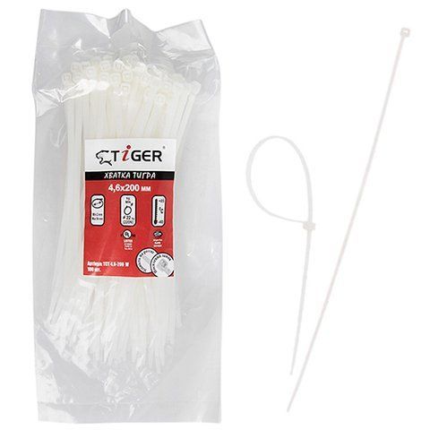Хомут пластиковый Tiger ТСТ W4.6 х 200 100шт/уп белый (ТСТ W4.6 х 200) ТСТ W4.6 х 200 фото товара
