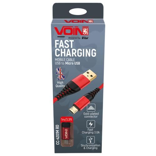 Кабель VOIN CC-4201M RD USB - Micro USB 3А, 1m, red (швидка зарядка/передача даних) (CC-4201M RD) CC-4201M RD фото