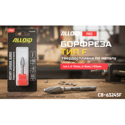 Alloid Pro. Борфреза твердосплавна по металу, тип F, D-10мм, d-6мм, L-65мм CB-63245F фото товару