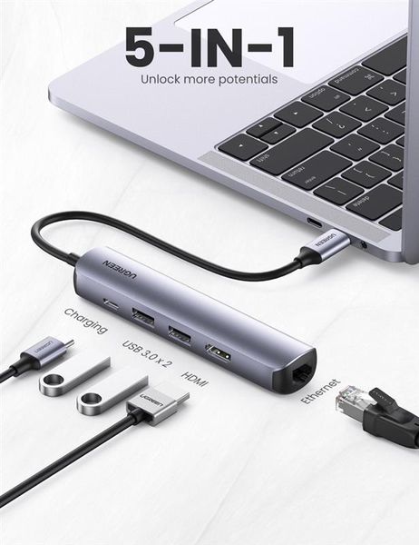 Концентратор USB Type-C Ugreen CM418 2xUSB 3.0 + HDMI + RJ45 1000M Ethernet, Gray (10919) VE10-18 фото