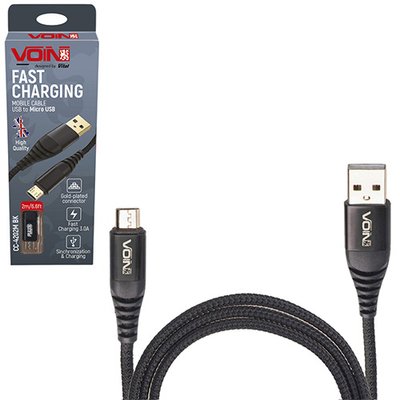 Кабель VOIN CC-4201M BK, USB - Micro USB 3А, 1m, black (быстрая зарядка/передача данных) (CC-4201M CC-4201M BK фото