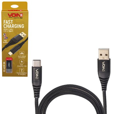 Кабель VOIN USB - Type C 3А, 1m, black (швидка зарядка/передача даних) (CC-4201C BK) CC-4201C BK фото