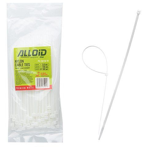 Хомут пластиковий Alloid 3.6 х 150 100 шт./уп. білий (PC-36150 W) PC-36150 W фото товару