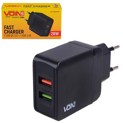 Мережевий зарядний пристрій VOIN 28W, 2 USB, QC3.0 (Port 1-5V*3A/9V*2A/12V*1.5A. Port 2-5V2A) (LC-24 LC-24428 BK фото