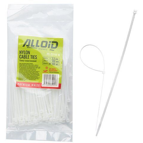 Хомут пластиковий Alloid 2.5 х 100 100 шт./уп. білий (PC-25100 W) PC-25100 W фото товару