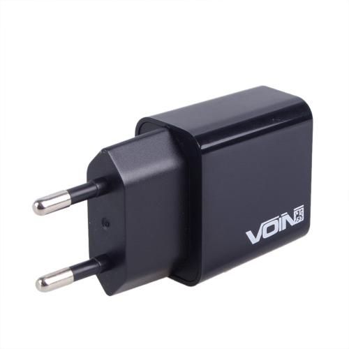 Мережевий зарядний пристрій VOIN 28W, 2 USB, QC3.0 (Port 1-5V*3A/9V*2A/12V*1.5A. Port 2-5V2A) (LC-24 LC-24428 BK фото
