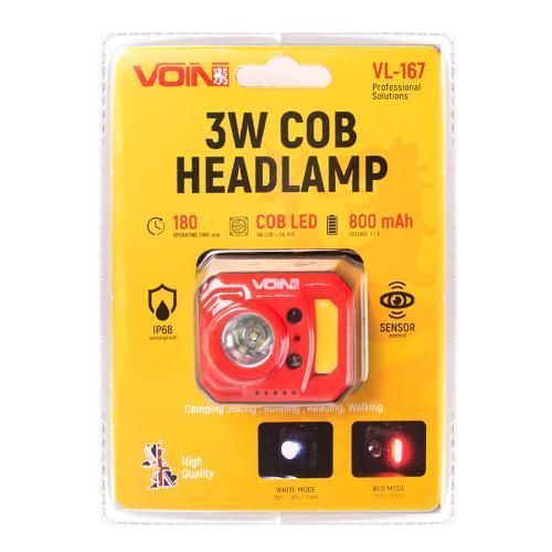Фонарь налобный VOIN VL-167, 3W-COB (W/R)+3W XPE/АКБ800mAh/регул. наклона/сенсор (VL-167) VL-167 фото товара
