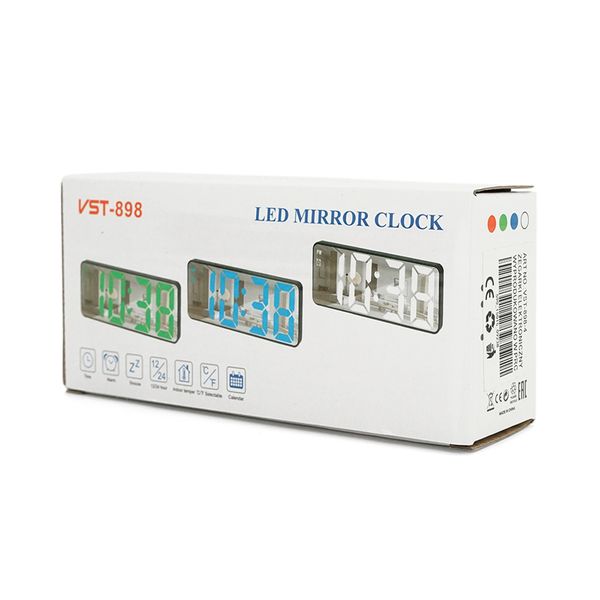 Електронний годинник VST-898 Дзеркальний дисплей, з датчиком температури та вологості, будильник, живлення від кабелю USB, Green VST-898G фото