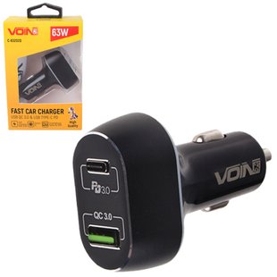 Автомобільний зарядний пристрій VOIN 63W, 1USB QC3.0 18W + 1PD 45W, 12/24V (C-63202Q) C-63202Q фото