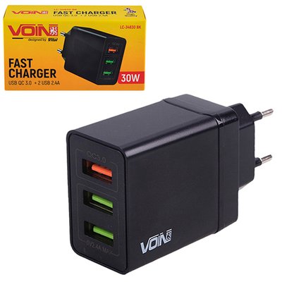Мережевий зарядний пристрій VOIN 30W, 3 USB, QC3.0 (Port 1-5V*3A/9V*2A/12V*1.5A. Port 2/3-5V2.4A) (L LC-34830 BK фото