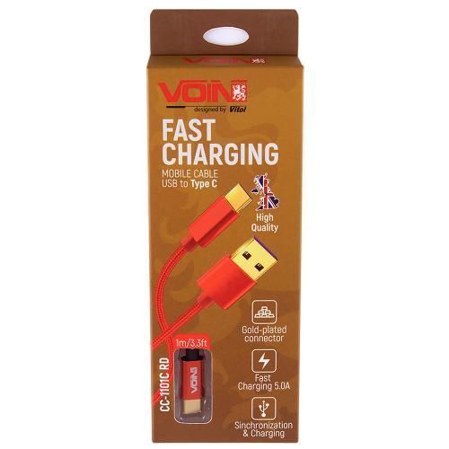Кабель VOIN CC-1101C RD USB - Type C 5А, 1m, red (супер швидка зарядка/передача даних) (CC-1101C RD) CC-1101C RD фото товару