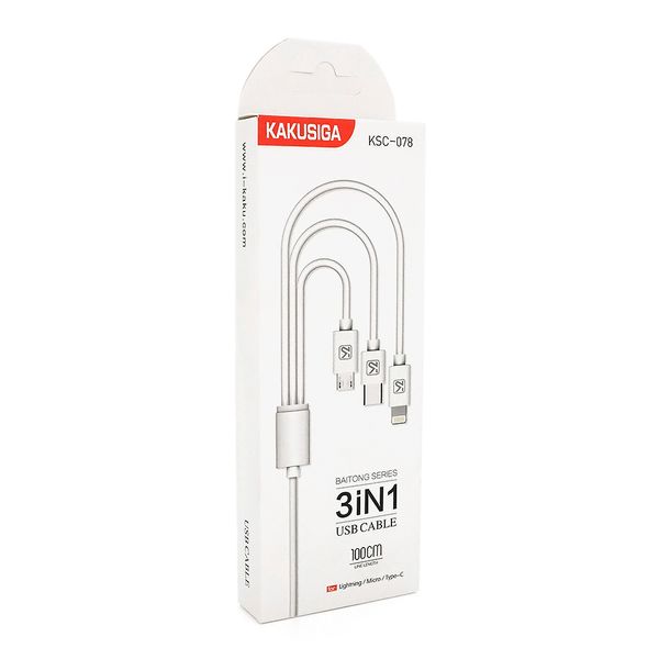 Кабель KSC-078 BAITONG charging data cable3 in 1 Micro / Iphone / Type-C, довжина 1м, White, BOX KSC-078 фото