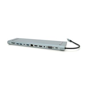 Хаб-конвертор 12 в 1 Type-C (тато) на Type-C(мама)+2*USB2.0(мама)+USB3.0(мама)+2*HDMI(мама)+VGA(мама)+SD/TF+RJ45+ jack3.5 (мама)+PD, 10cm, Silver, Box YT-HTC12in1 фото