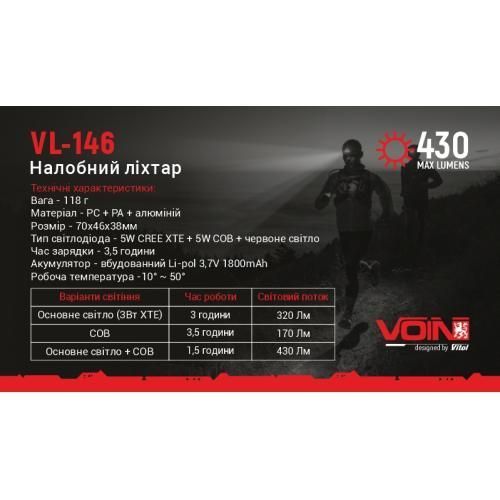 Фонарь налобный VOIN VL-146, 5W-COB+(W/R)+5W XPE/АКБ1800mAh/регул. наклона/сенсор (VL-146) VL-146 фото товара