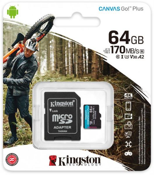 Карта пам`яті MicroSDXC 64GB UHS-I/U3 Class 10 Kingston Canvas Go! Plus R170/W70MB/s + SD-адаптер (SDCG3/64GB) SDCG3/64GB фото