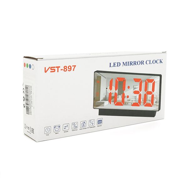 Електронний годинник VST-897 Дзеркальний дисплей, з датчиком температури та вологості, будильник, живлення від кабелю USB, Green VST-897G фото