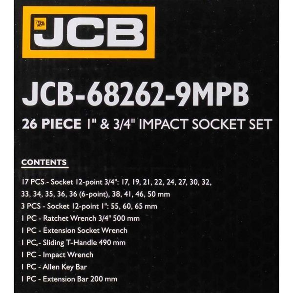 Набір інструментів ударних 26 од. 3/4", 1" (12гр.) JCB Tools JCB-68262-9MPB JCB-68262-9MPB фото товару