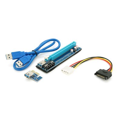 Riser PCI-EX, x1 => x16, 4-pin MOLEX, SATA => 4Pin, USB 3.0 AM-AM 0,6 м (синій), конденсатори PS 100 16V, Пакет VER 1.0 фото
